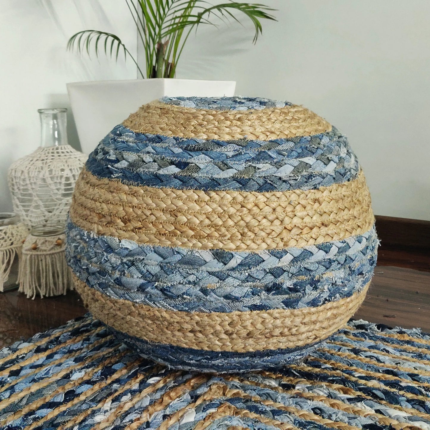Avioni Home Eco Collection – Denim & Natural Jute Pouf – Large Bands