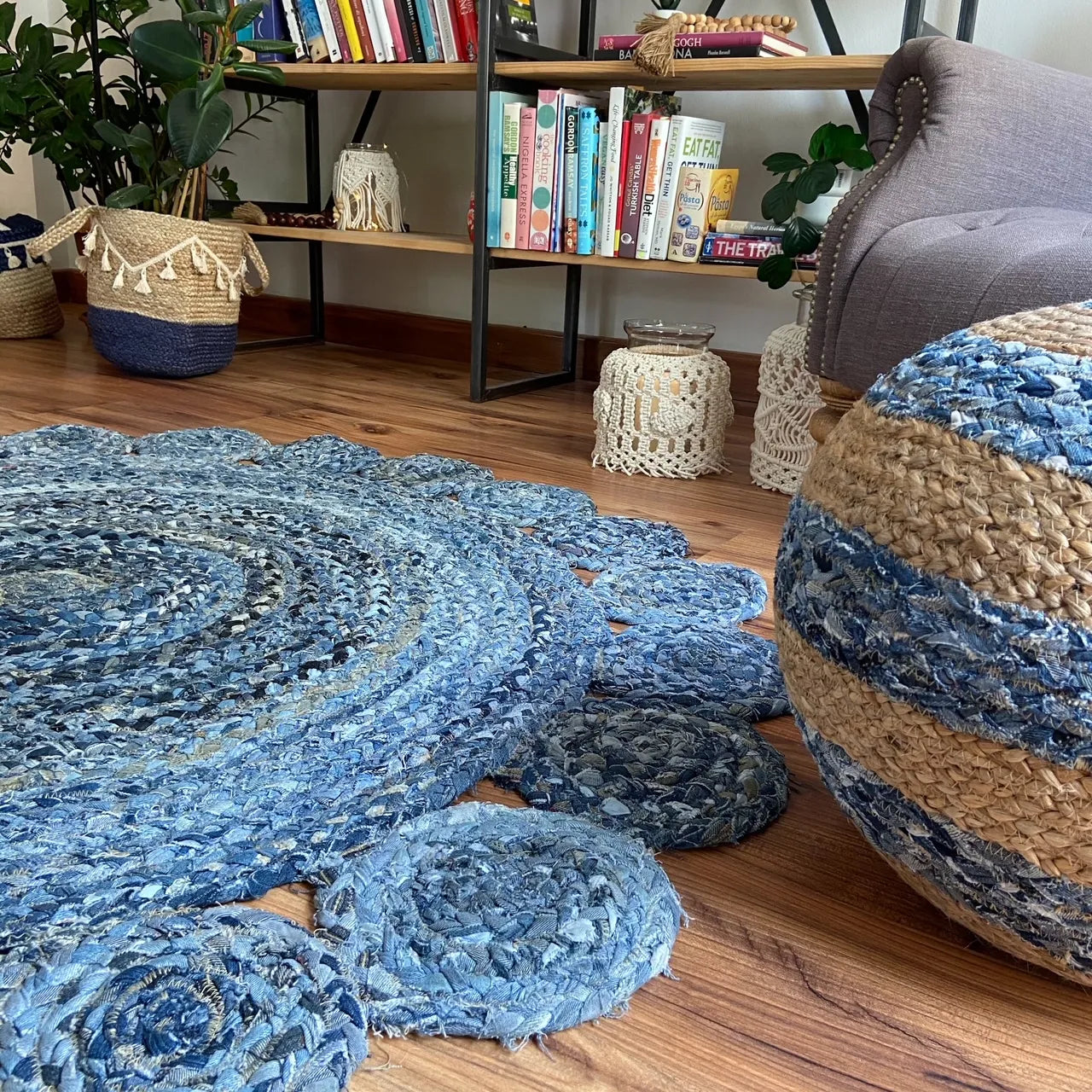 Avioni Home Eco Collection – Denim & Natural Jute Pouf – Large Bands