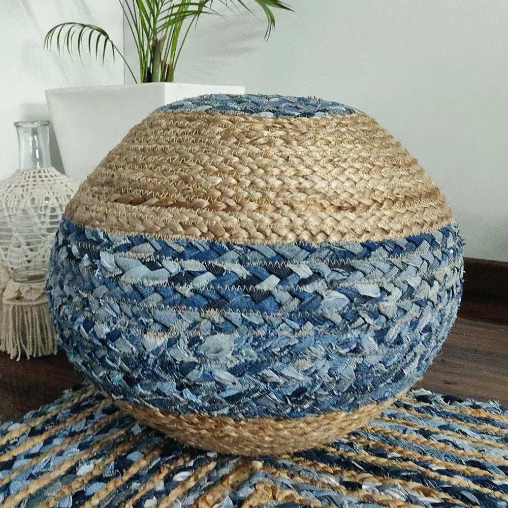 Bigmo Boho Braided Jeans And Natural Jute Pouf Ottoman