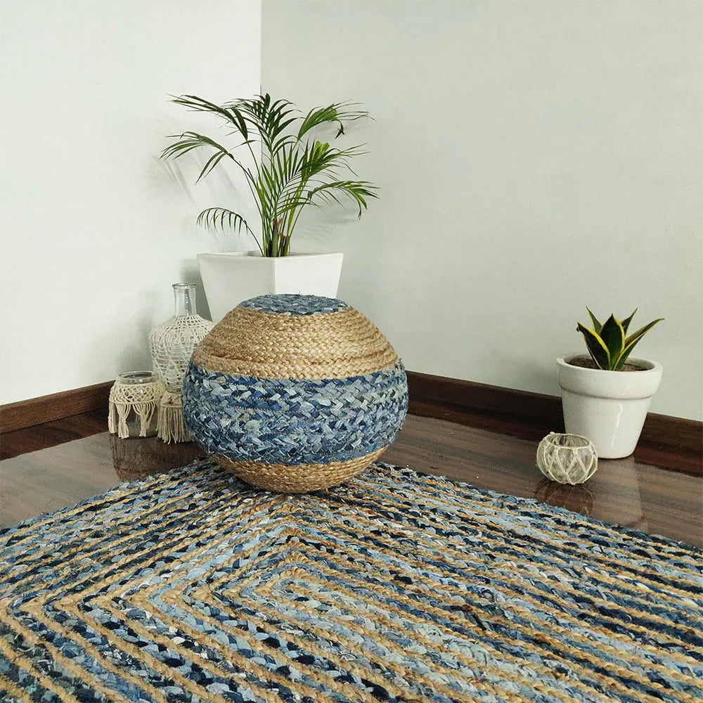 Bigmo Boho Braided Jeans And Natural Jute Pouf Ottoman