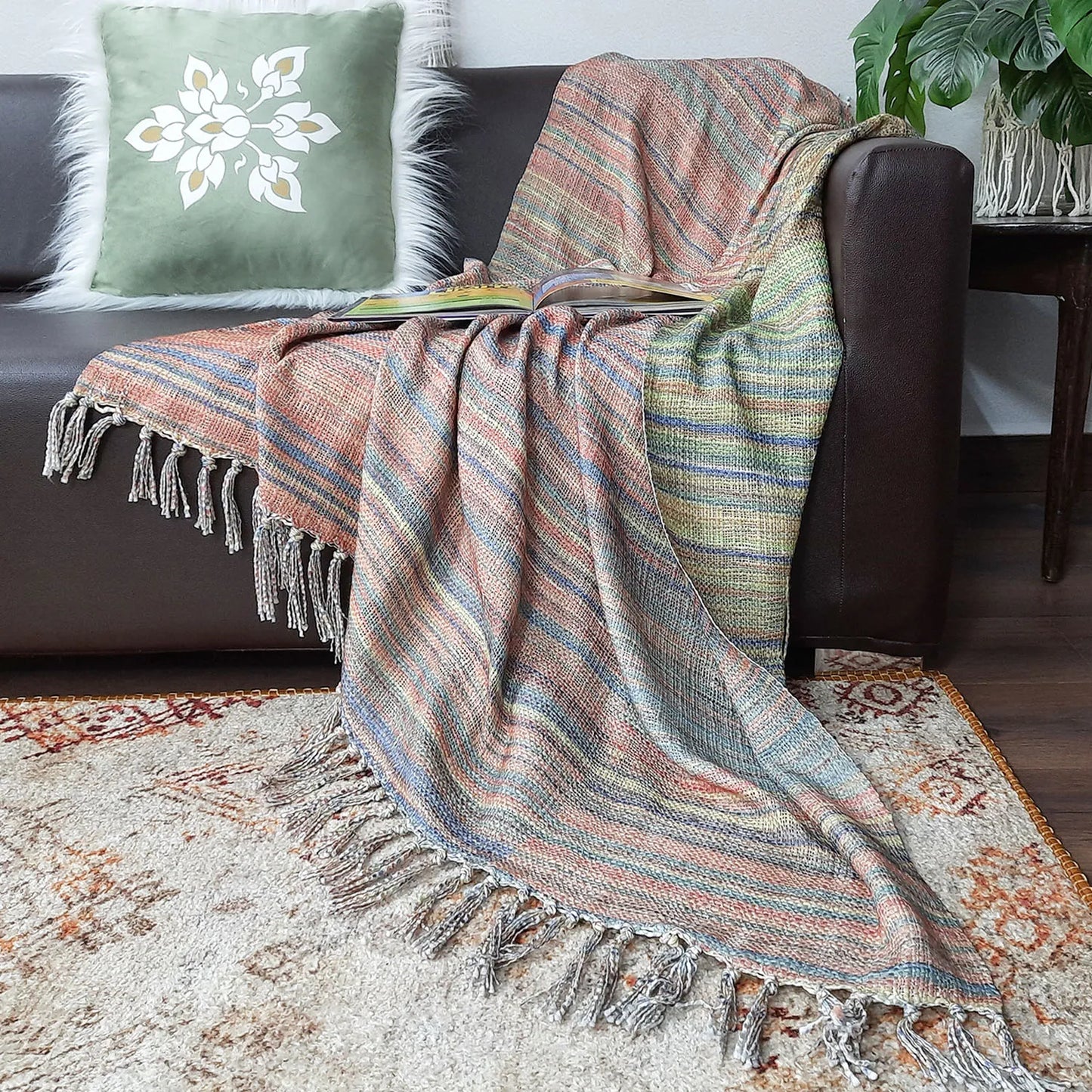 Avioni Home Beautiful Soft Sofa Throw | Double Design | Virgin Premium Polyester Slub Handloom Sofa Throw