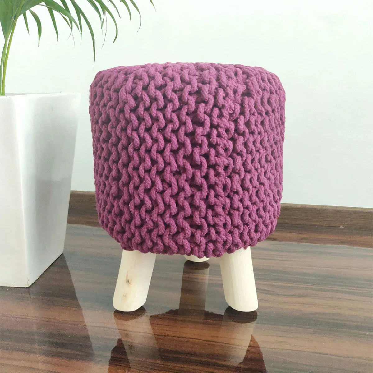 Avioni Home Luxury Collection – Hand Knotted Boho Look Stool / Ottoman (3 Legs-Natural Finish) – Medium Violet / Red