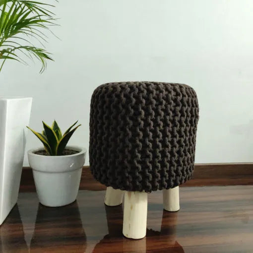 Avioni Home Luxury Collection – Hand Knotted Boho Look Stool / Ottoman (3 Legs-Natural Finish) – Brown