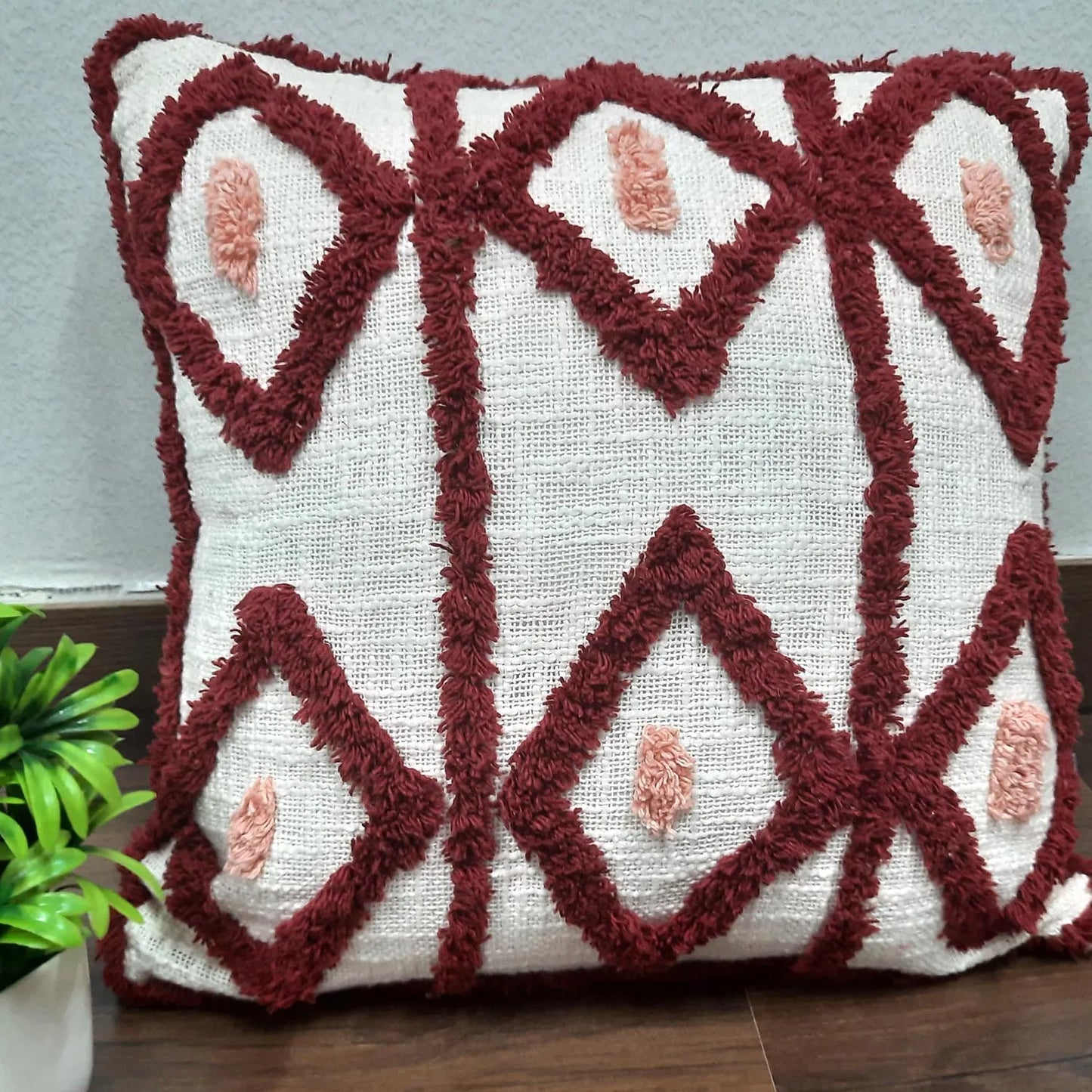 100% Slub Cotton Tufted Cushion Cover – FREE Filler included – Red Tufting – 45×45 cms