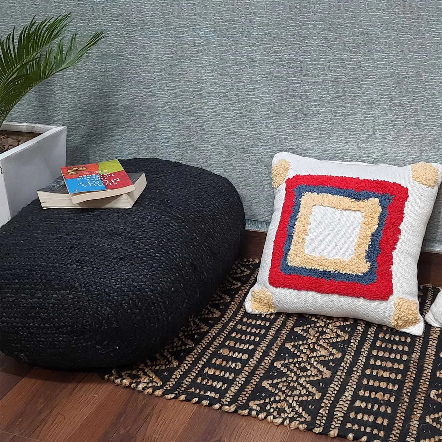 Hand Tufted 100% Cotton Sofa Cushion Cover With Zipper-FREE high quality Filler Included – 45×45 cms