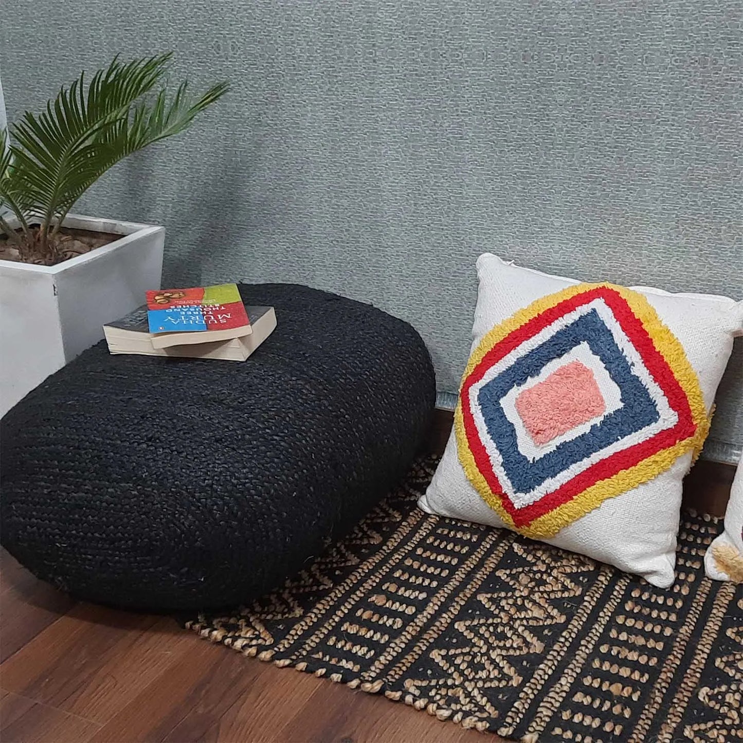 Hand Tufted 100% Cotton Sofa Cushion Cover – FREE Filler – Red And Yellow Diamond – 45×45 cms