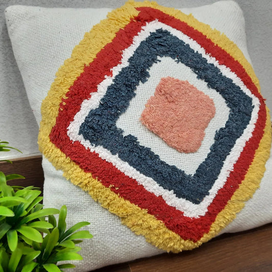 Hand Tufted 100% Cotton Sofa Cushion Cover – FREE Filler – Red And Yellow Diamond – 45×45 cms