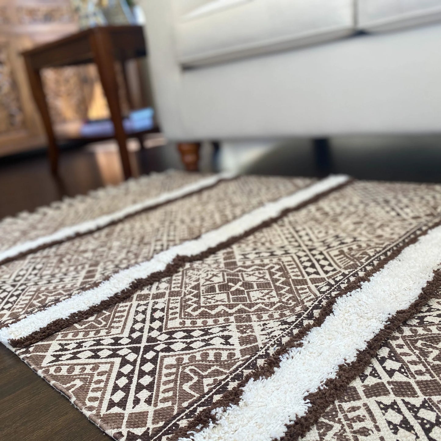 Avioni Home Boho Collection – Cotton Printed & Tufted Dhurrie / Rug – Brown Geometric Pattern with Stripes