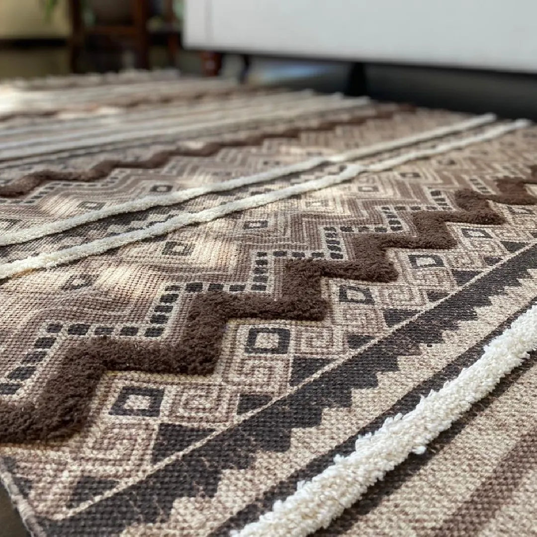 Avioni Home Boho Collection – Cotton Printed & Tufted Dhurrie / Rug – Brown