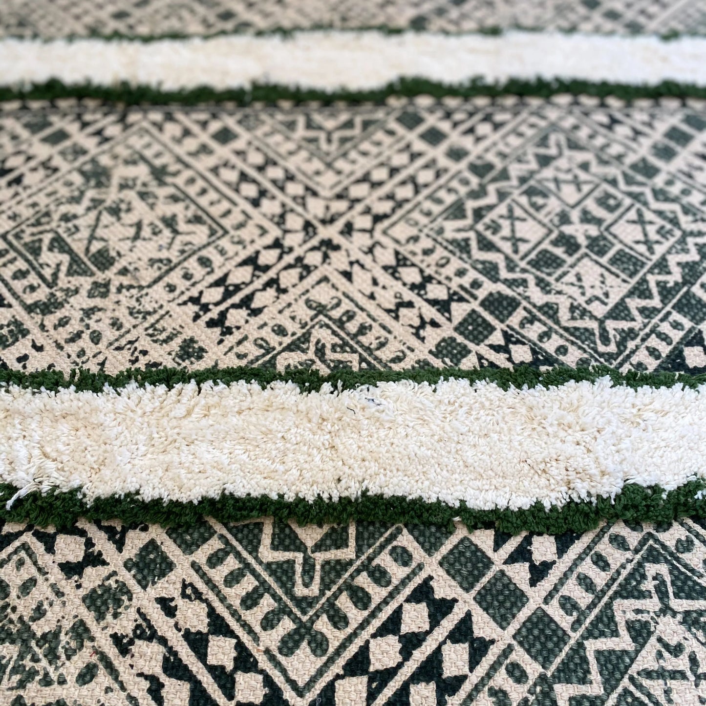 Avioni Home Boho Collection – Cotton Printed & Tufted Dhurrie / Rug – Green & Cream