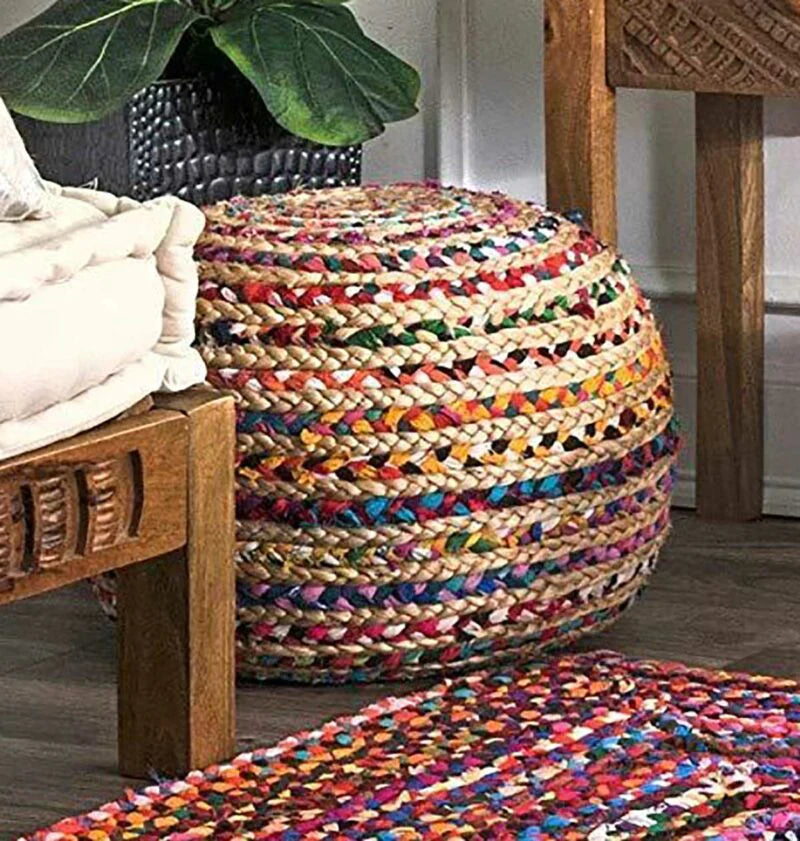Avioni Home Boho Braided Chindi and Jute Pouf
