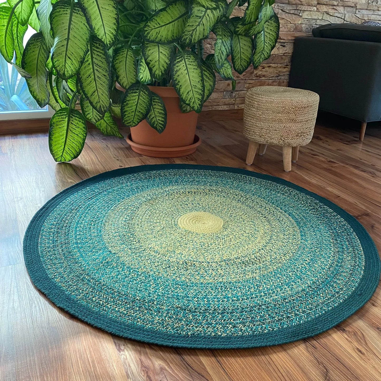 Avioni Home Cotton Carpet Collection – Hand Braided Cotton – Green Gradient Forest Rug – 140cm Round