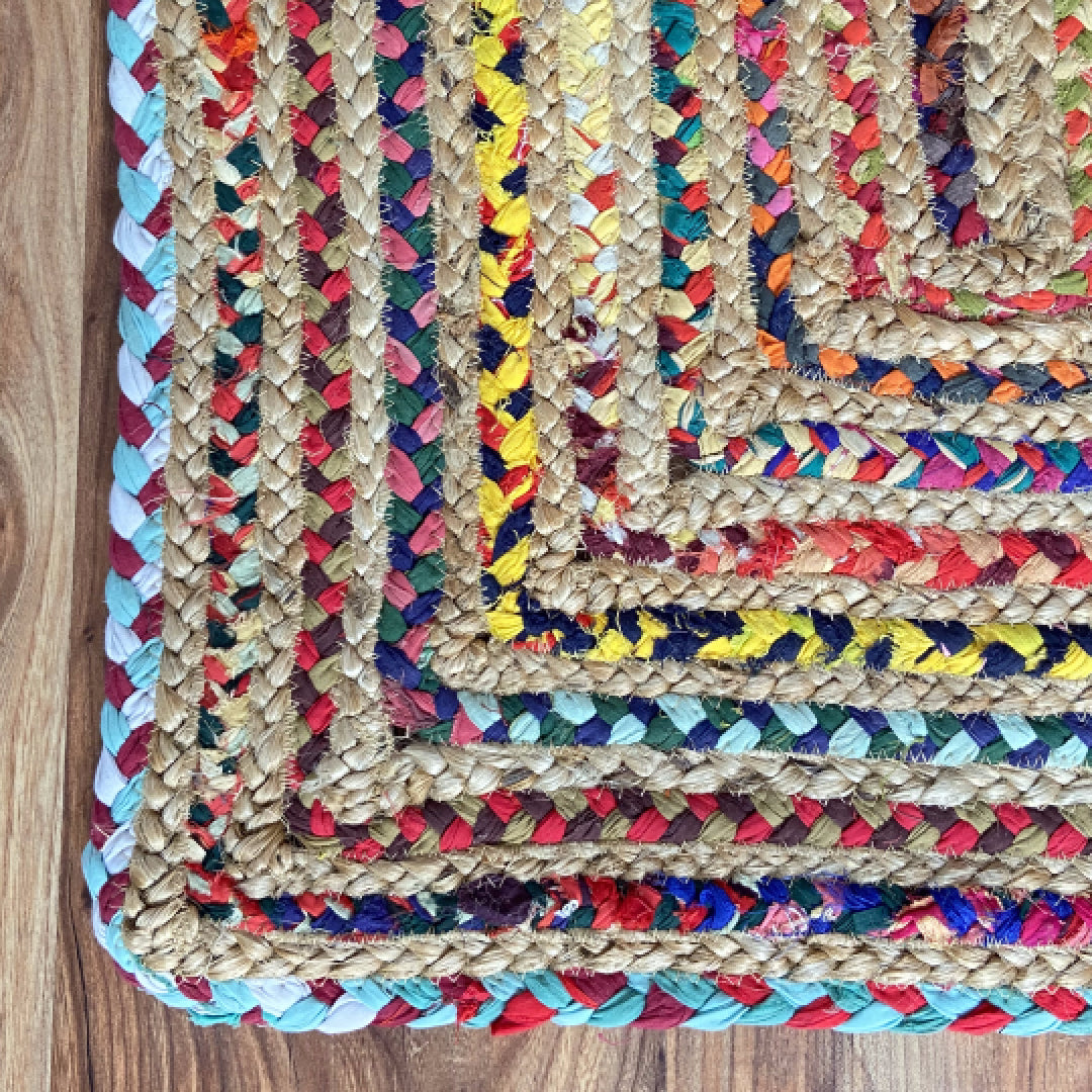 Avioni Home Eco Collection – Eco-friendly Recycled Jute & Chindi Handmade – Colorful Braided Bedside Mat – Perfect for Bedside or Kitchen