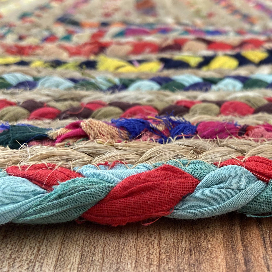 Avioni Home Eco Collection – Eco-friendly Recycled Jute & Chindi Handmade – Colorful Braided Bedside Mat – Perfect for Bedside or Kitchen