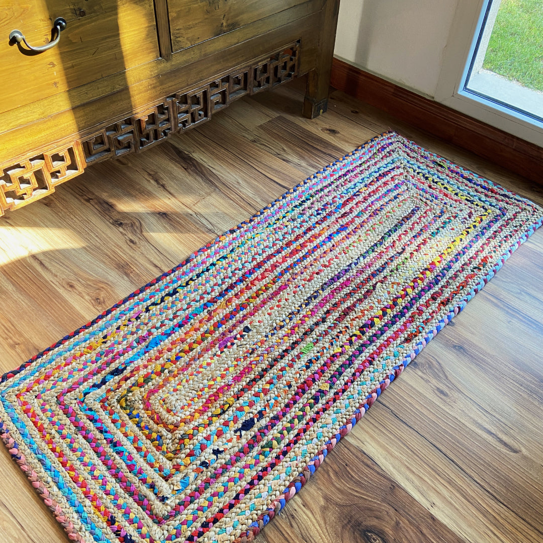 Avioni Home Eco Collection – Eco-friendly Recycled Jute & Chindi Handmade – Colorful Braided Bedside Mat – Perfect for Bedside or Kitchen