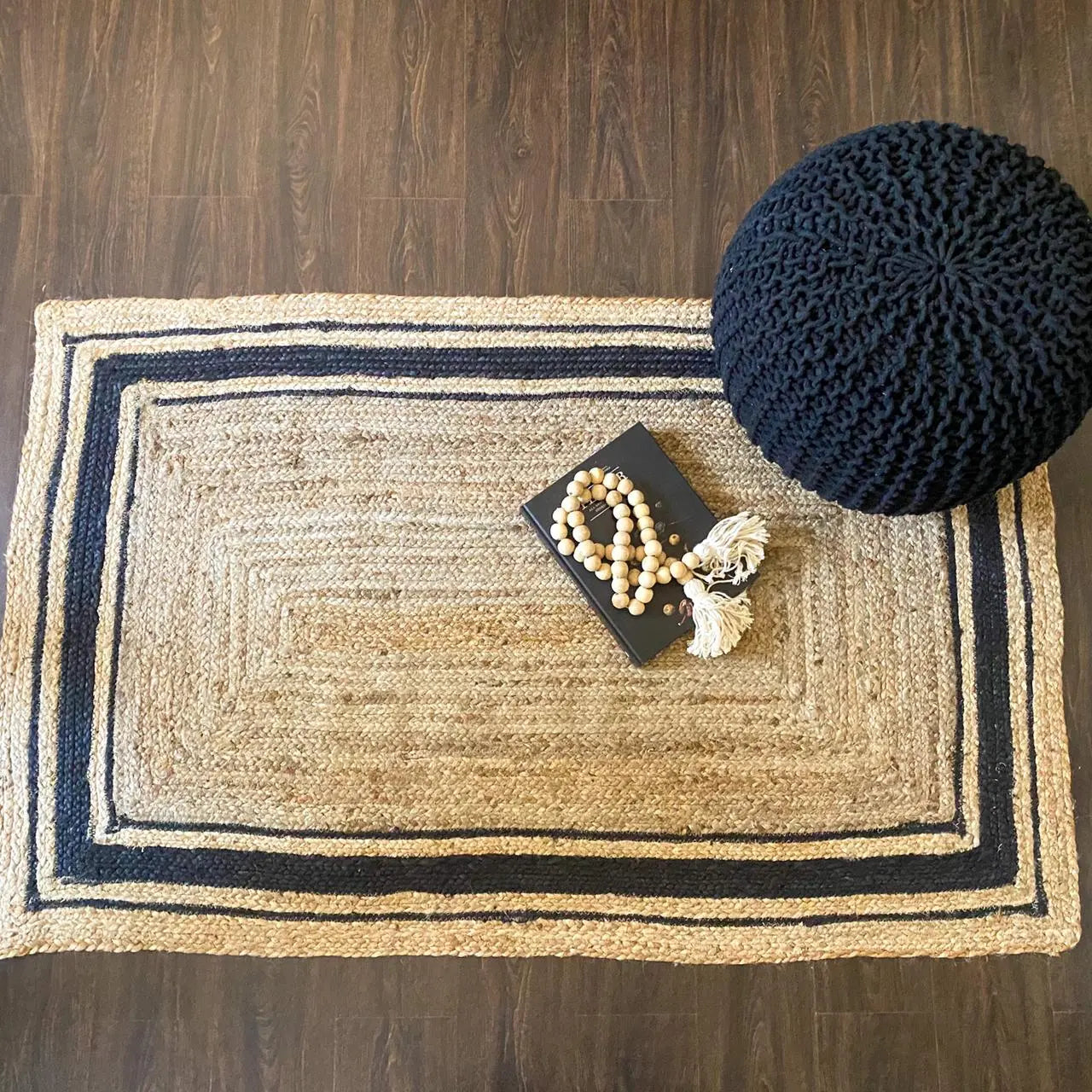 Avioni Home Eco Collection – Handwoven Braided Jute Carpet with Black Borders – Handmade Natural Rug – Rectangle