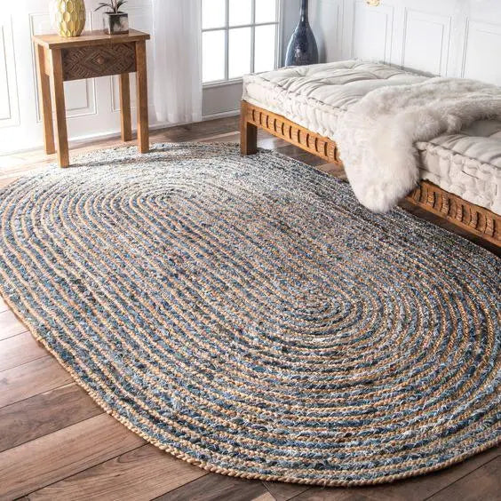 Avioni Home Eco Collection – Handbraided Denim and Jute Rug – Beautiful Oval Design