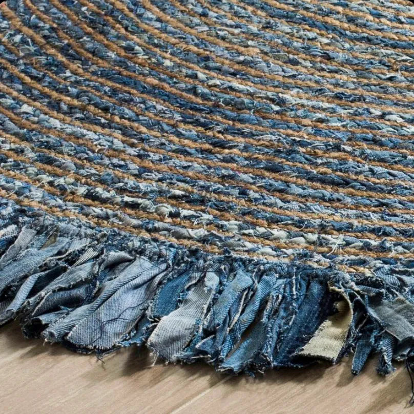 Avioni Home Premium Carpet Collection – Denim / Jeans & Jute Handmade Braided Round Rug With Tassels