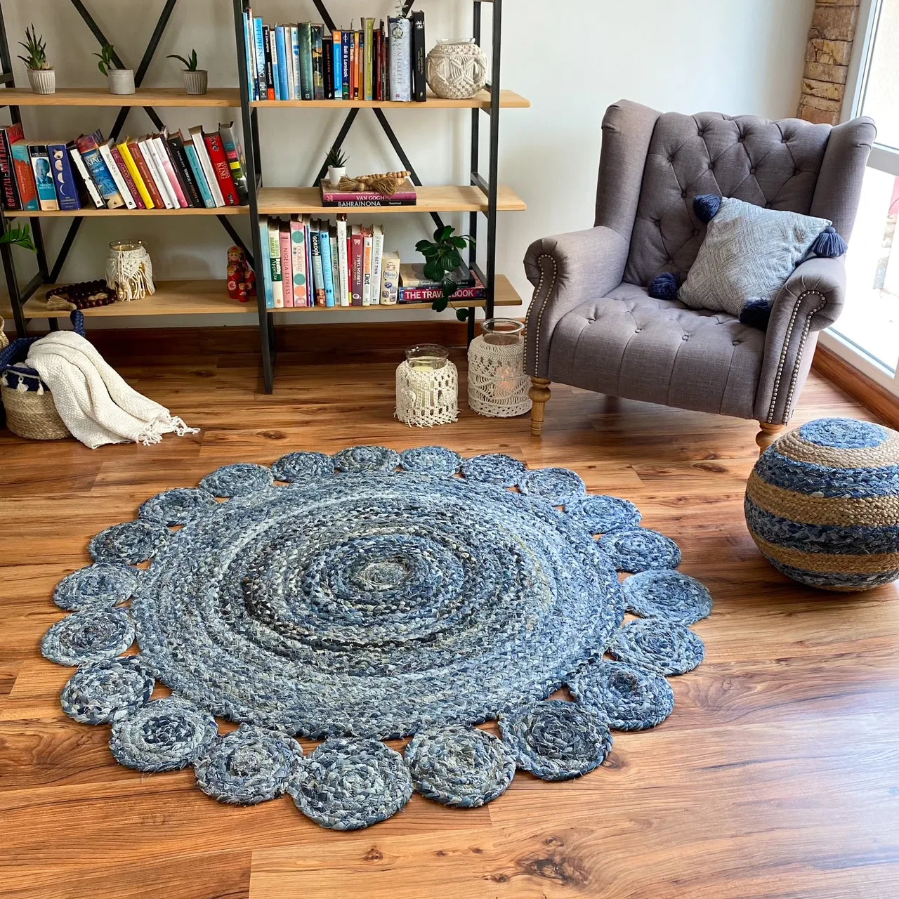 Avioni Home Contemporary Collection – Handmade Denim Round With Tikki Floral Look
