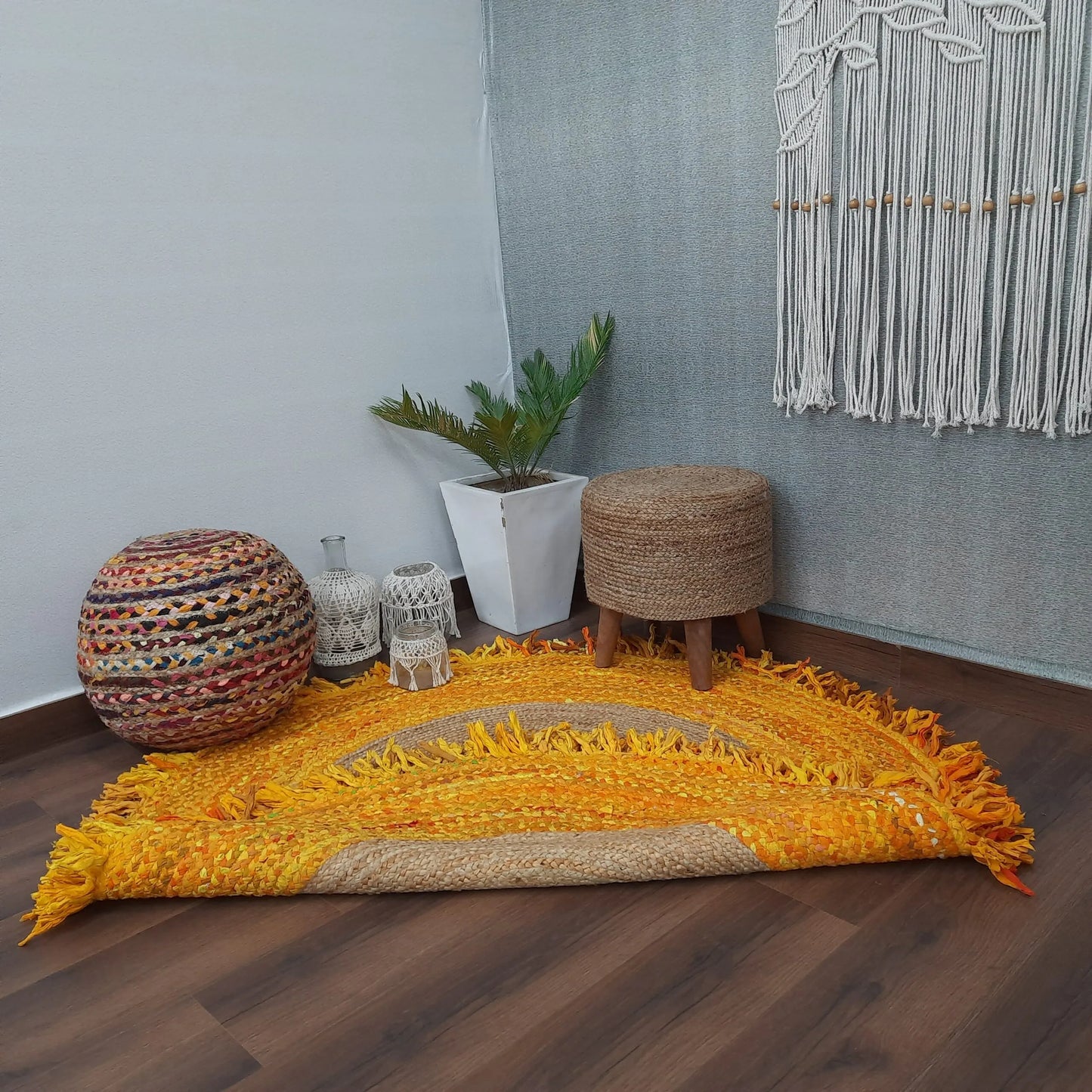Avioni Home Eco Collection – Handmade Recycled Jute & Cotton Braided Carpet – Yellow and Natural Jute