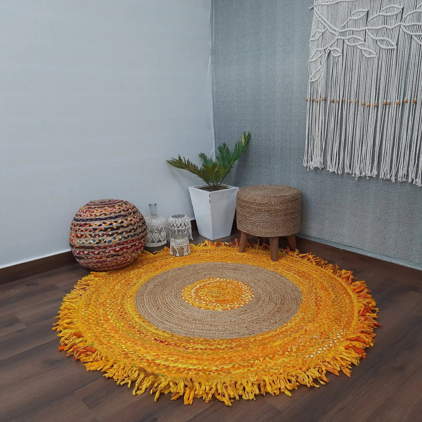 Avioni Home Eco Collection – Handmade Recycled Jute & Cotton Braided Carpet – Yellow and Natural Jute