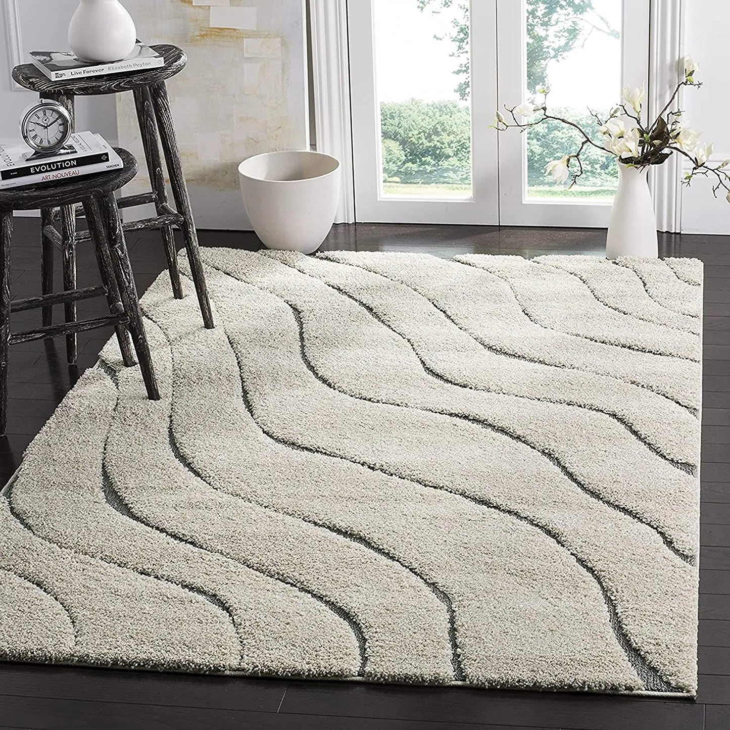 Avioni Home Atlas Collection – Microfiber Moroccan Waves Carpet – Cream And Grey
