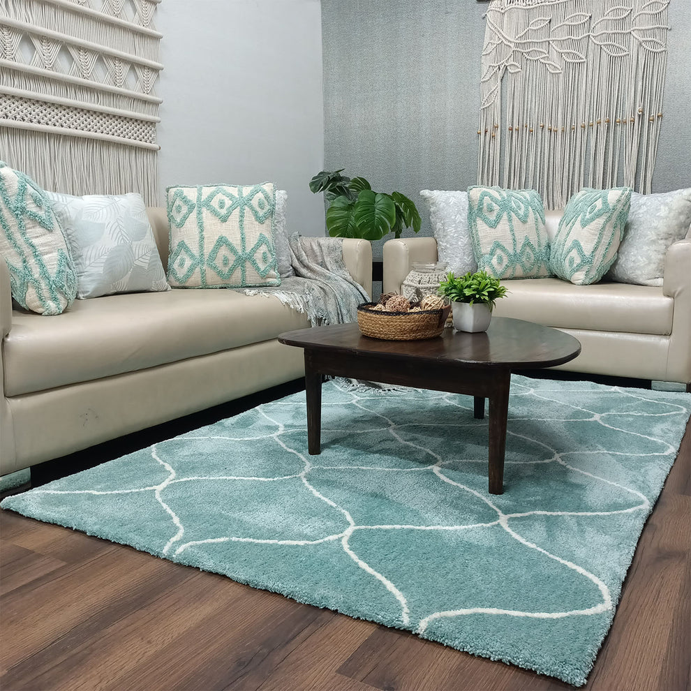Avioni Home Atlas Collection - Moroccan Style Microfiber Carpet In Aqua | Soft, Easy to Clean