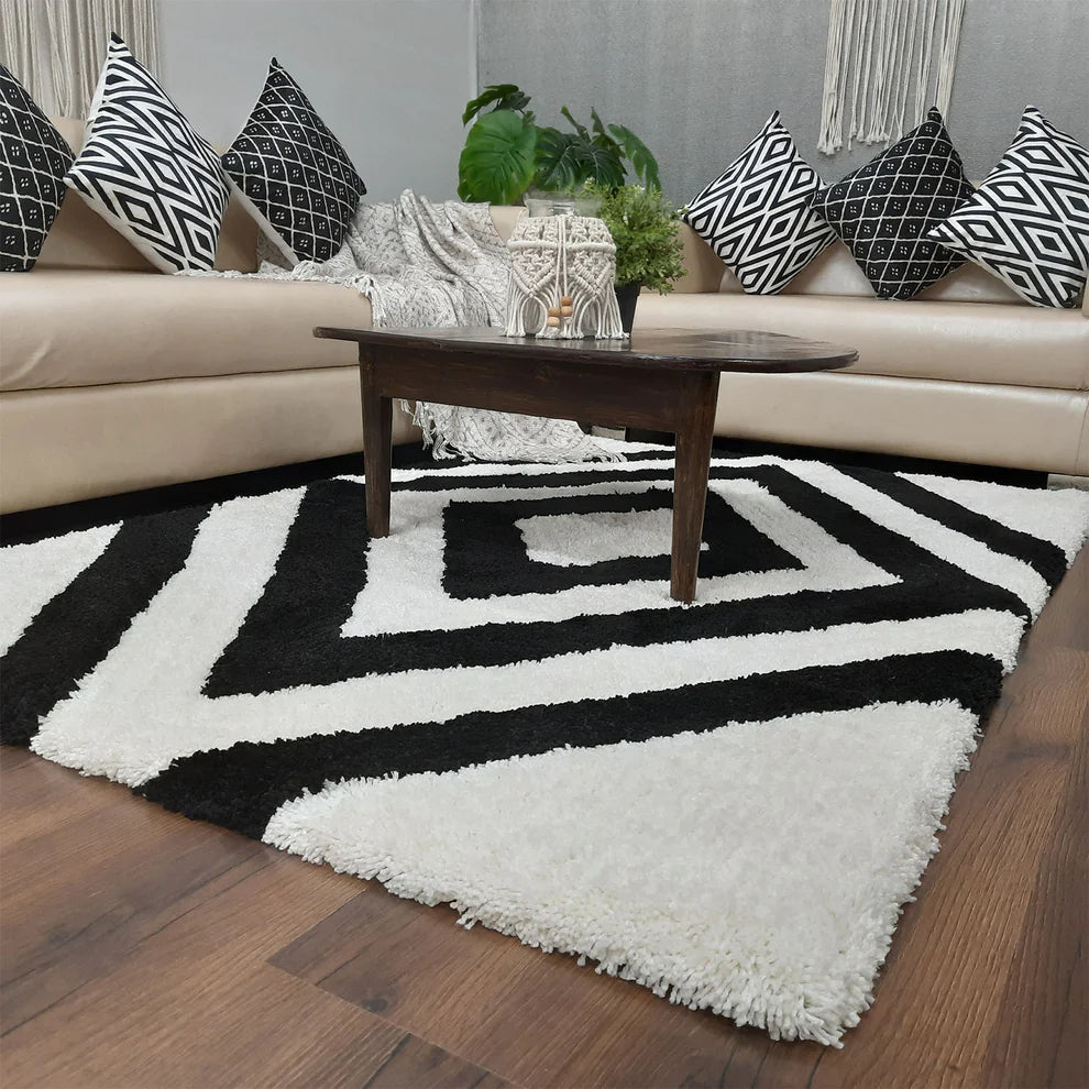 Avioni Home Atlas Collection - Modern Plush Soft Shagy Carpet In White and Black | Soft, Easy to Clean