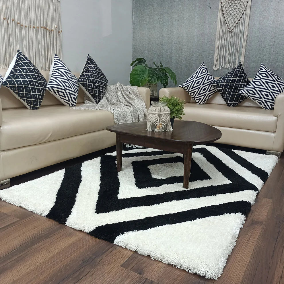 Avioni Home Atlas Collection - Modern Plush Soft Shagy Carpet In White and Black | Soft, Easy to Clean
