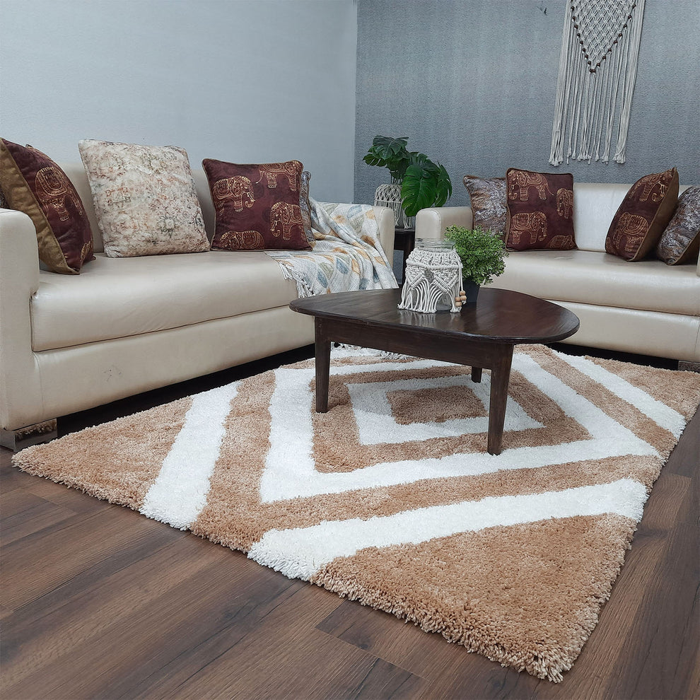 Avioni Home Atlas Collection - Premium Plush Shaggy Carpet In Beige and White | Soft, Non-Slip, Easy to Clean
