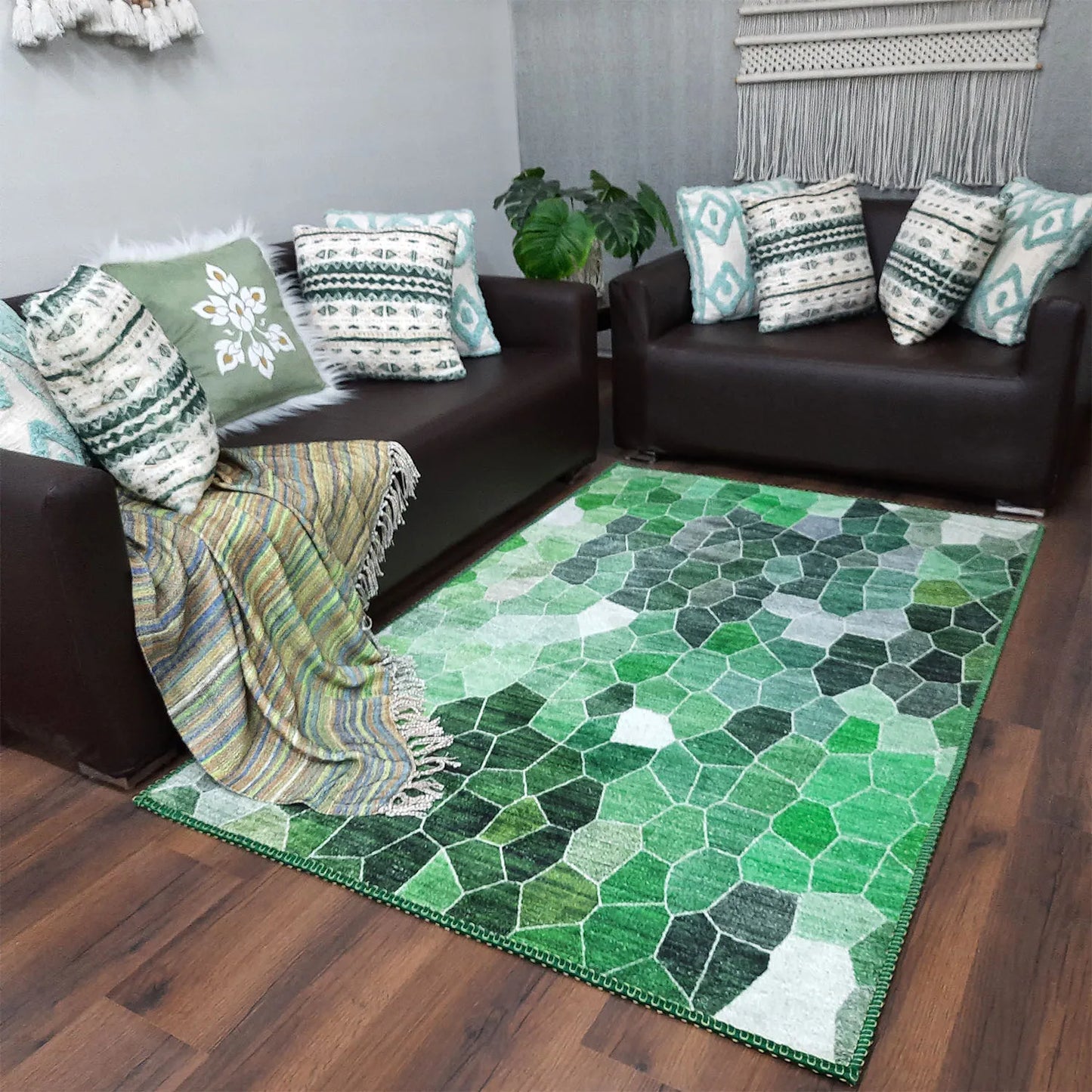 Avioni Home Durable and Washable Faux Silk Rug for Living Room | Calming Green Collection