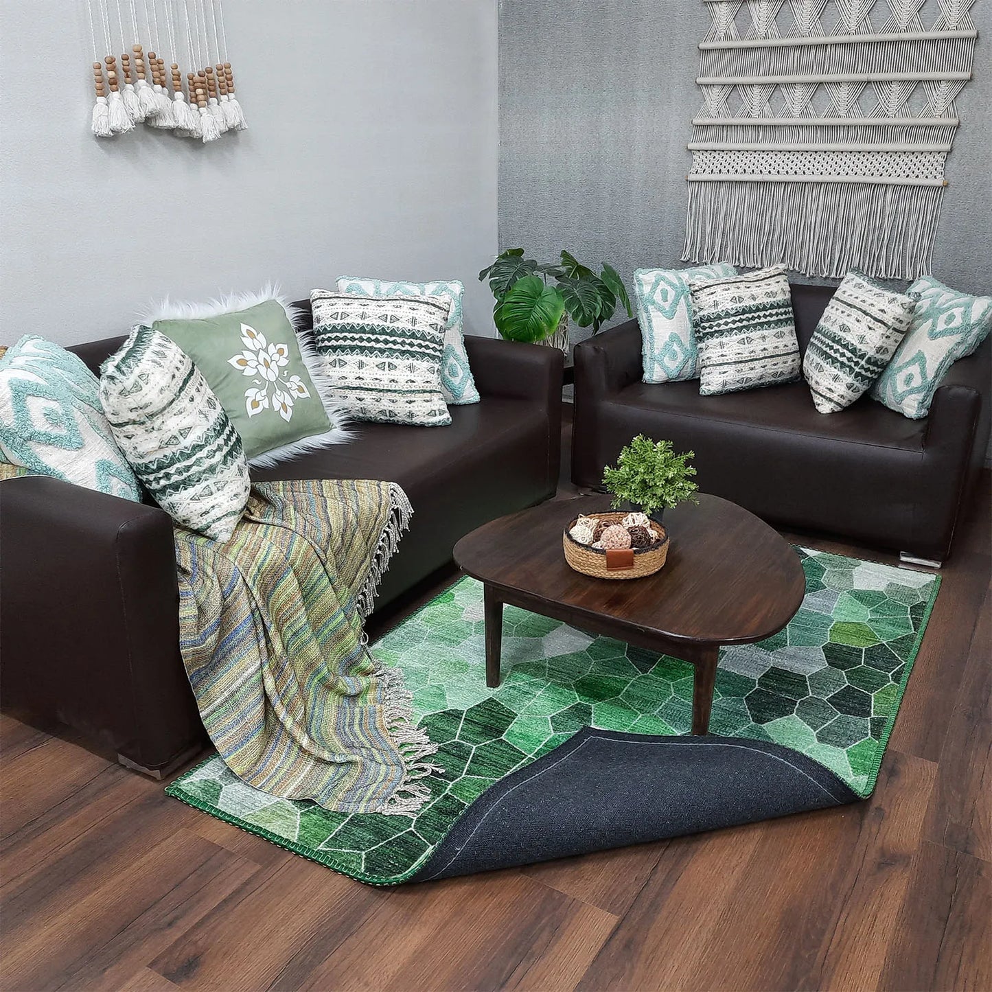 Avioni Home Durable and Washable Faux Silk Rug for Living Room | Calming Green Collection