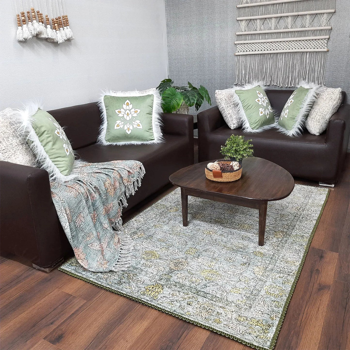 Avioni Home Faux Silk Rug for Living Room | Luxurious Abstract Persian Design | Durable and Washable | Calming Green Collection