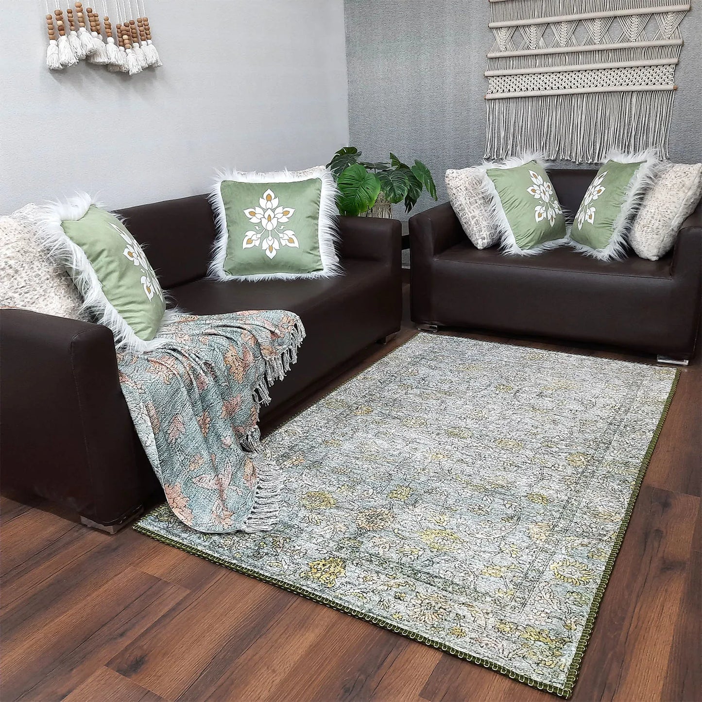 Avioni Home Faux Silk Rug for Living Room | Luxurious Abstract Persian Design | Durable and Washable | Calming Green Collection