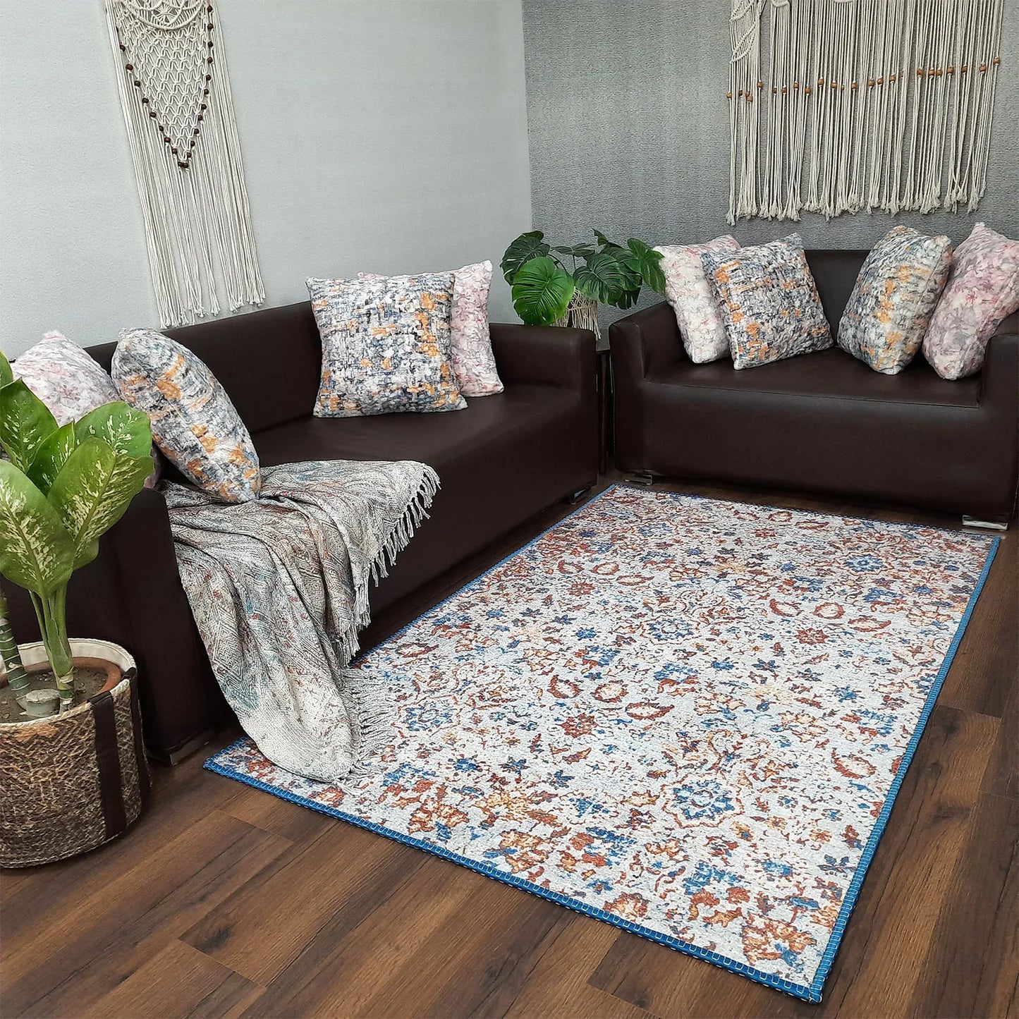 Avioni Home Faux Silk Carpet for Your Living Room | Persian Florals | Durable and Washable | BrickLane Collection