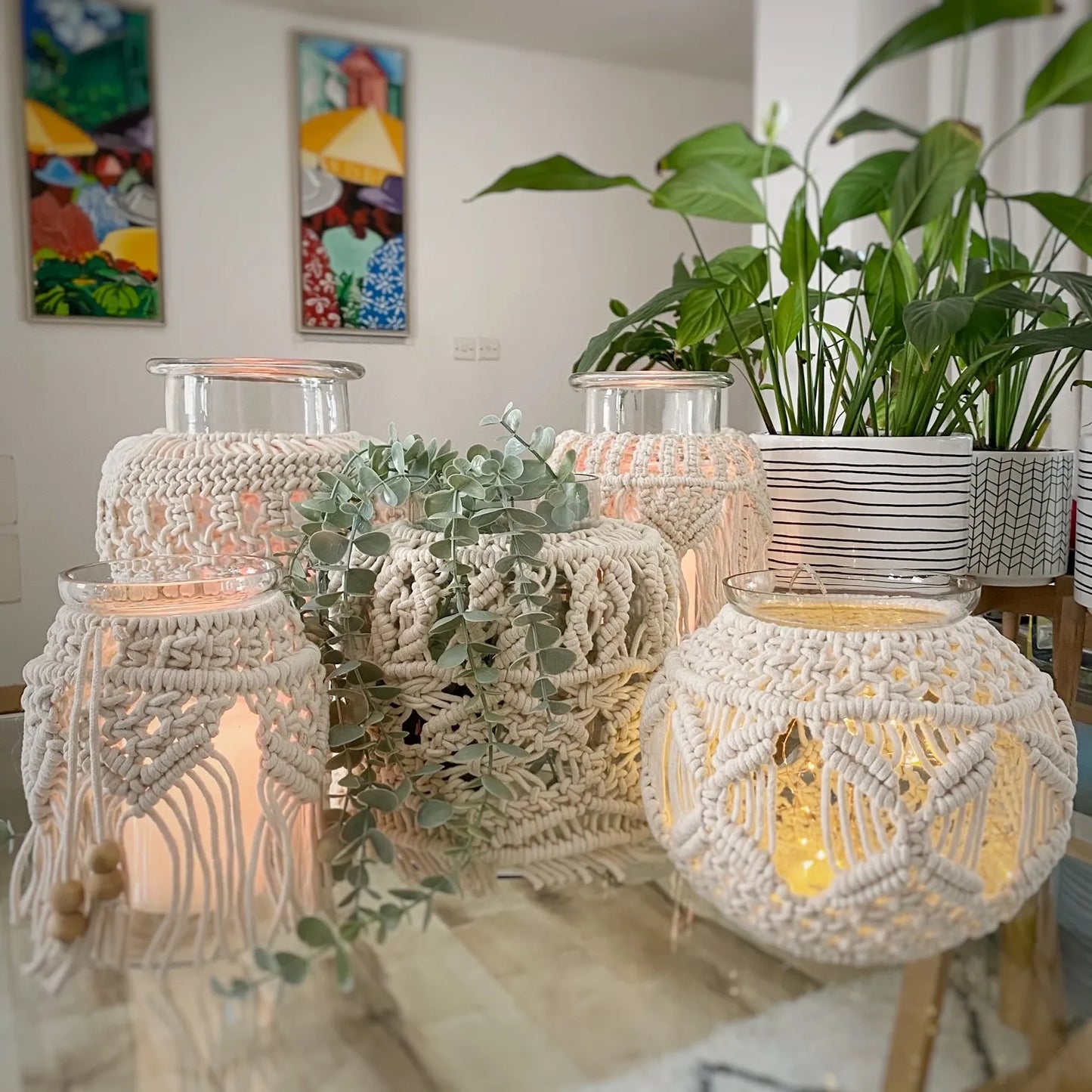Avioni Home Boho Collection – Extra-large Glass Hurricane Jar With Hand-knitted Macramé Cover