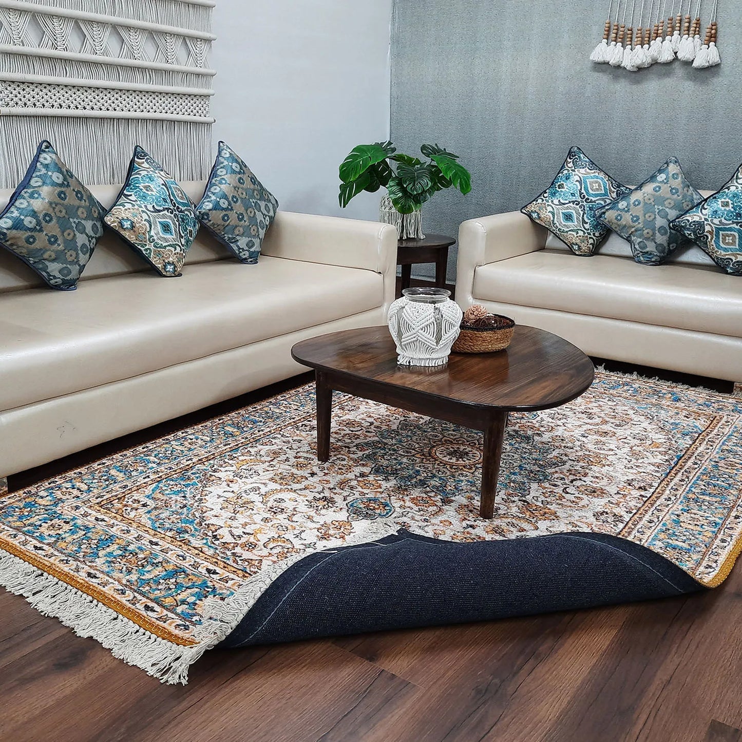 Avioni Home Faux Silk Persian Design Collection Light Blue Beige – Living Room Rug