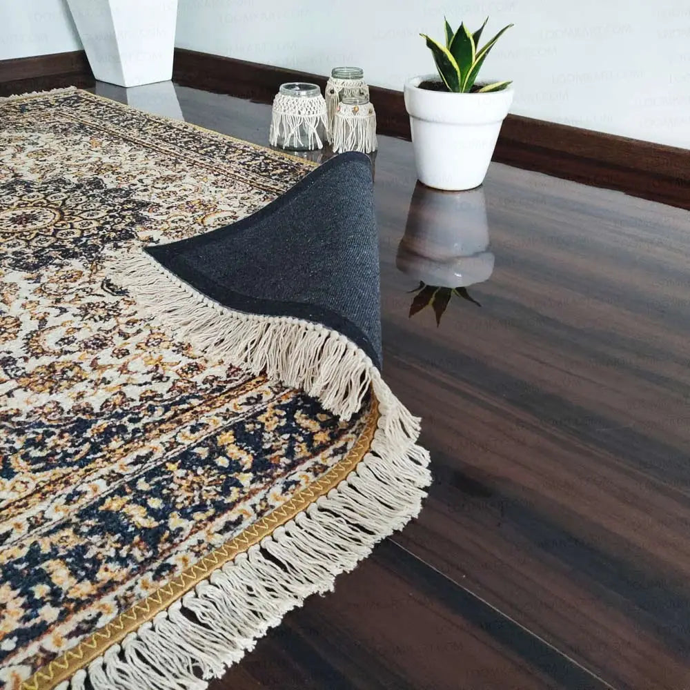 Avioni Home Faux Silk Carpet Persian Design Collection Black And Beige – Living Room Rug