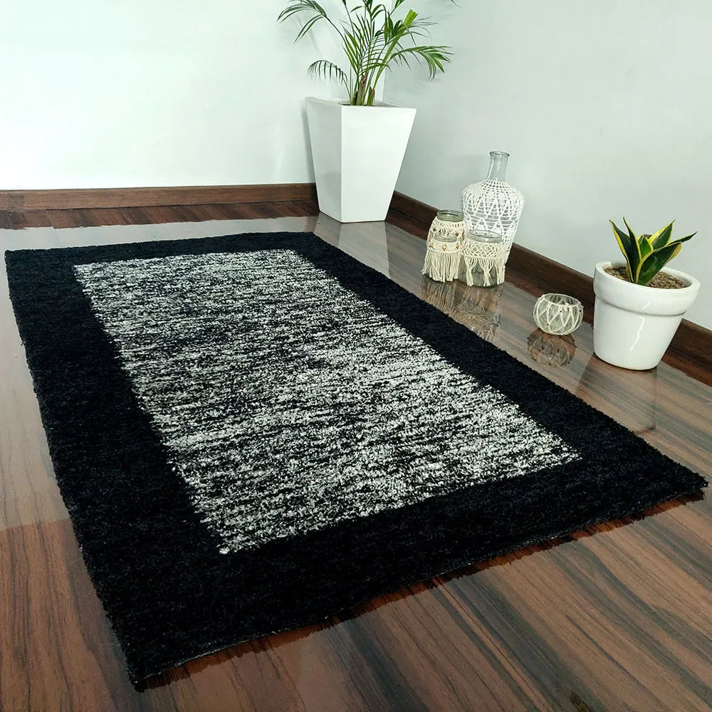 Avioni Home Neo Modern Collection – Luxury Faux Silk Carpet – Black & White Tie-dye Design
