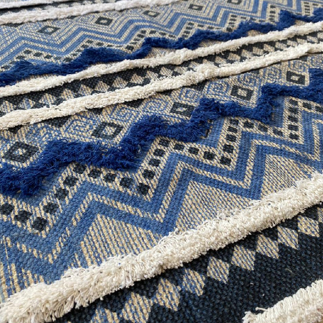 Avioni Home Boho Collection – Cotton Printed & Tufted Dhurrie / Rug – Blue with White Tufting