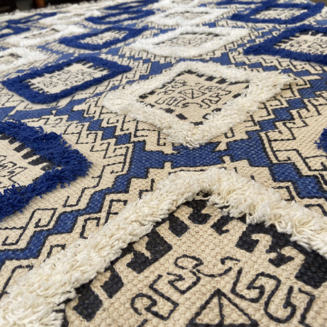 Avioni Home Boho Collection – Cotton Printed & Tufted Dhurrie / Rug – Blue Diamonds