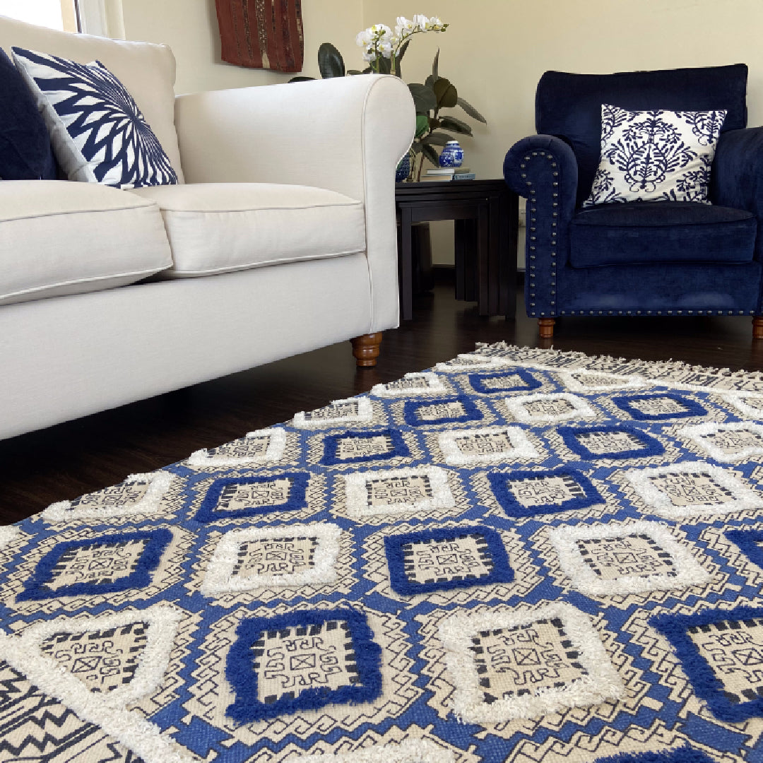 Avioni Home Boho Collection – Cotton Printed & Tufted Dhurrie / Rug – Blue Diamonds