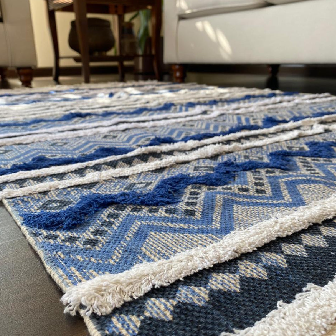 Avioni Home Boho Collection – Cotton Printed & Tufted Dhurrie / Rug – Blue with White Tufting