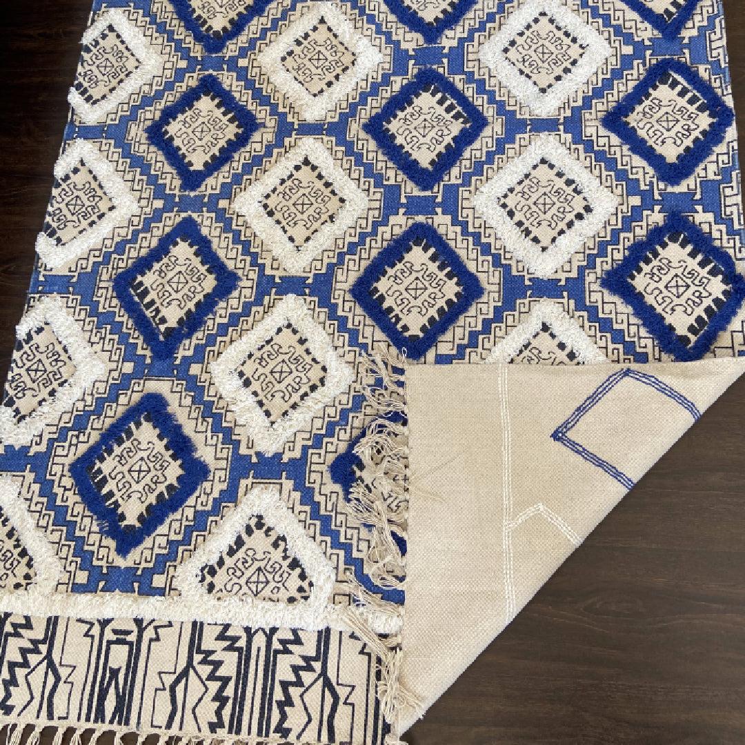 Avioni Home Boho Collection – Cotton Printed & Tufted Dhurrie / Rug – Blue Diamonds
