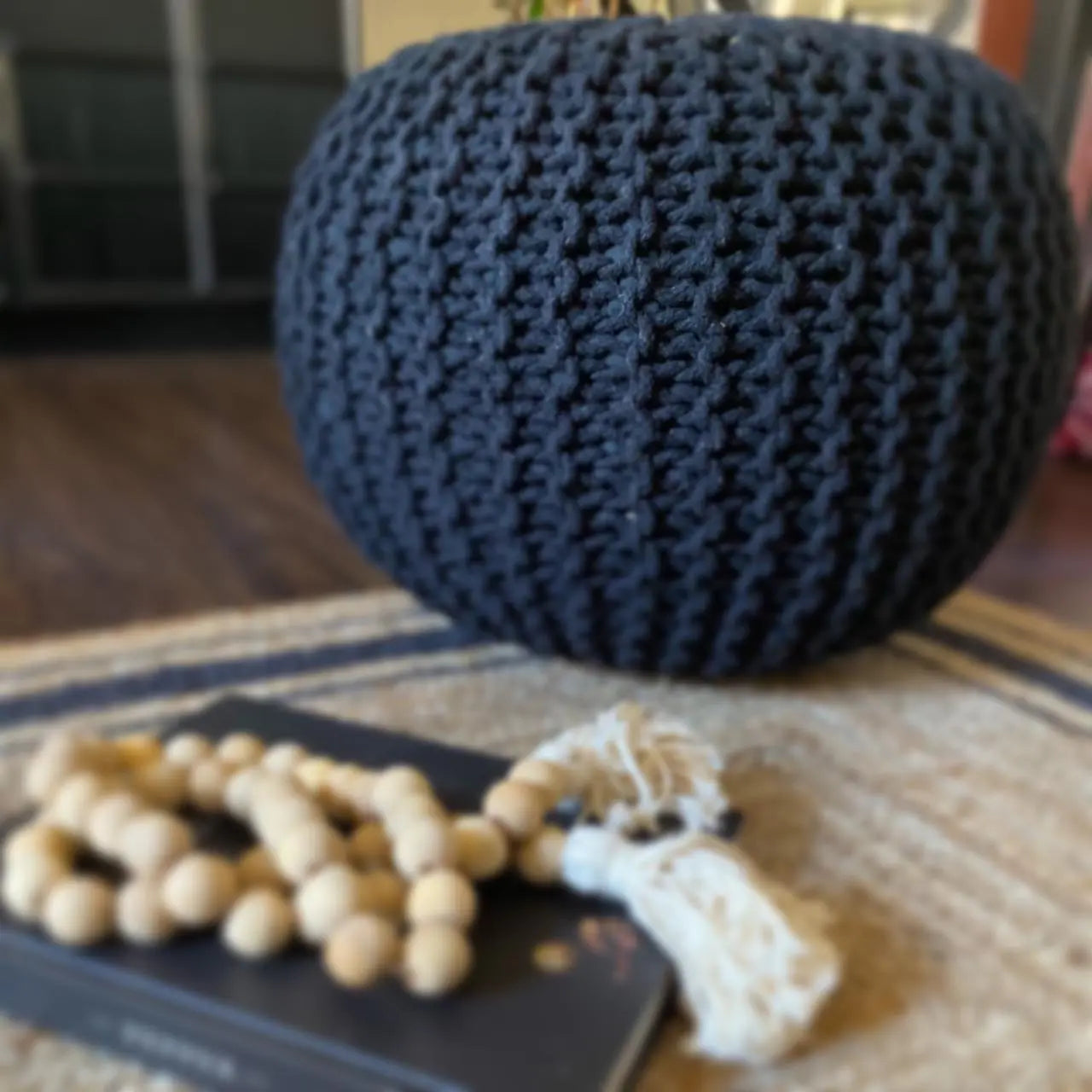 Avioni Home Luxury Collection – Hand Knotted Boho Look Pouf / Ottoman – Black