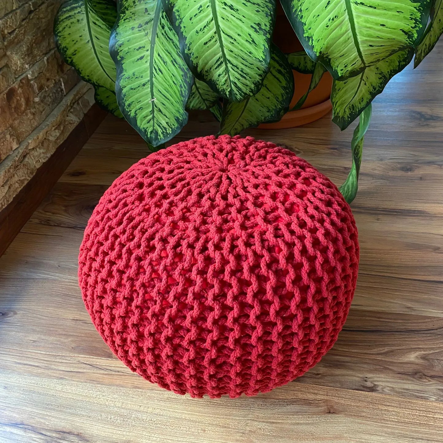 Avioni Home Luxury Collection – Hand Knotted Boho Look Pouf / Ottoman – Red