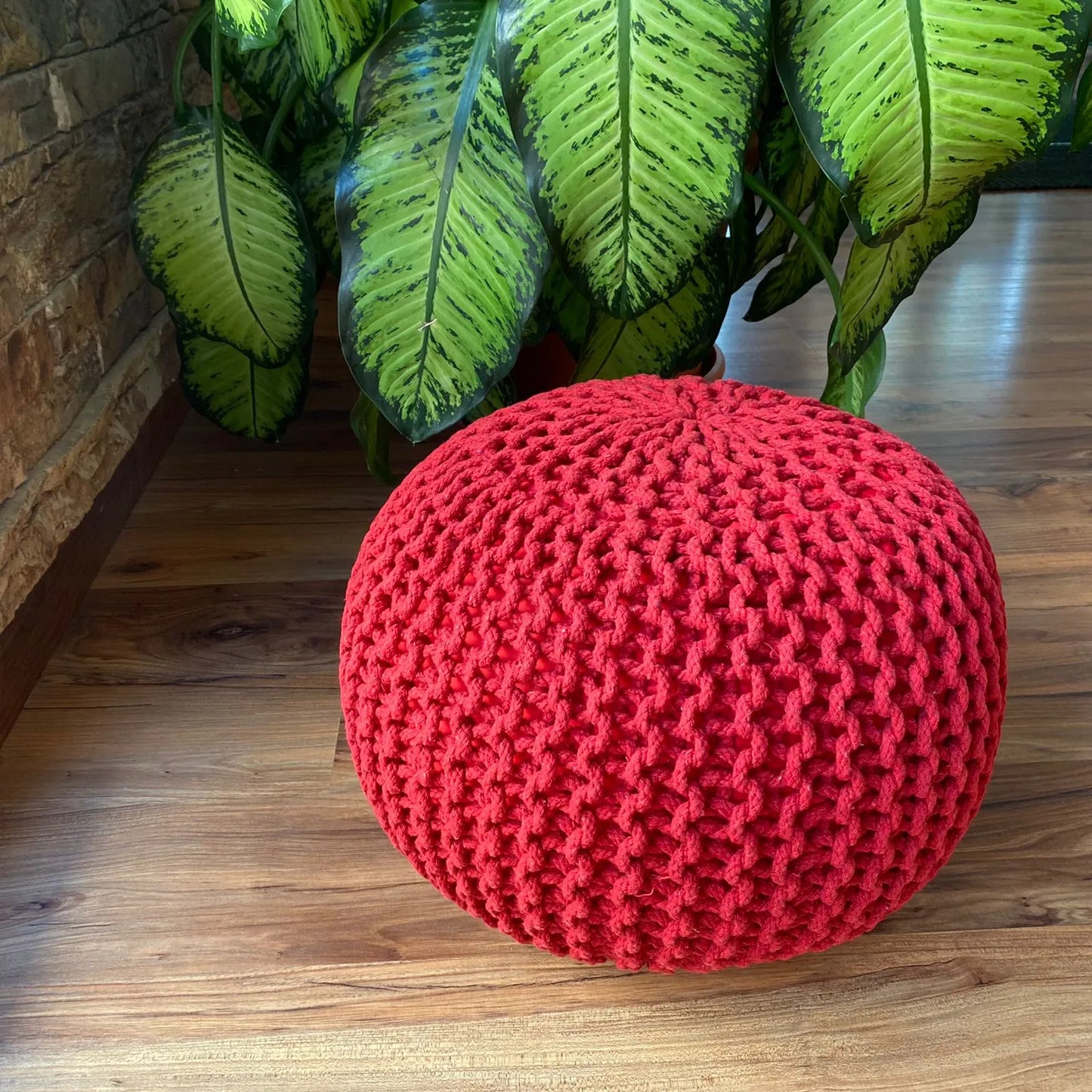 Avioni Home Luxury Collection – Hand Knotted Boho Look Pouf / Ottoman – Red