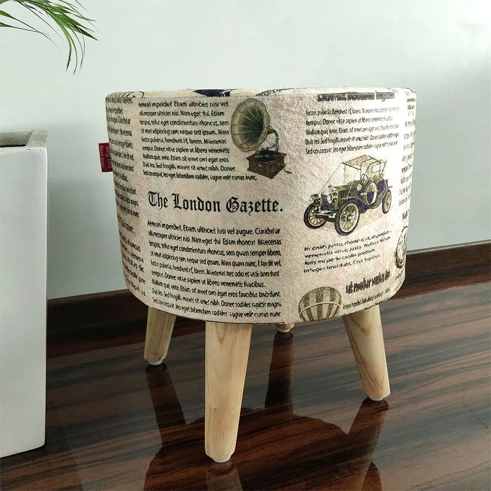 Avioni Home Premium Collection – Luxury Padded Stool / Ottoman (4 Legs With Natural Finish) – Newsprint Design
