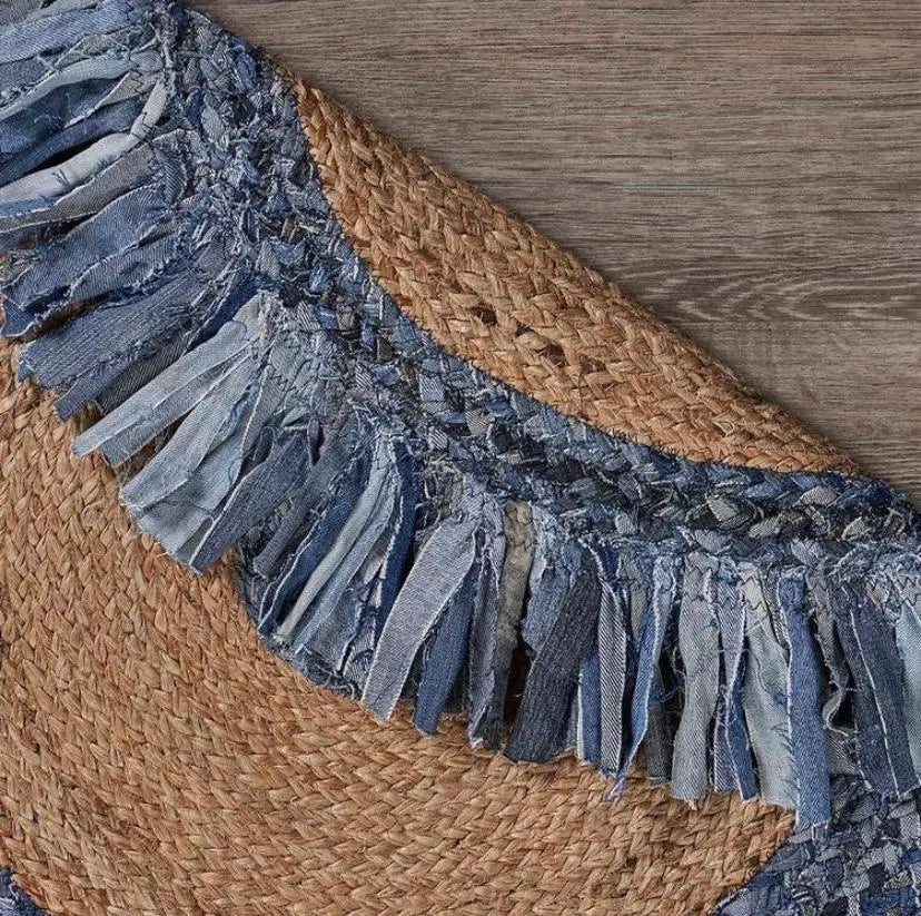 Avioni Home Eco Collection – Round Denim & Jute Designer Carpet – Handmade Braided Area Rugs