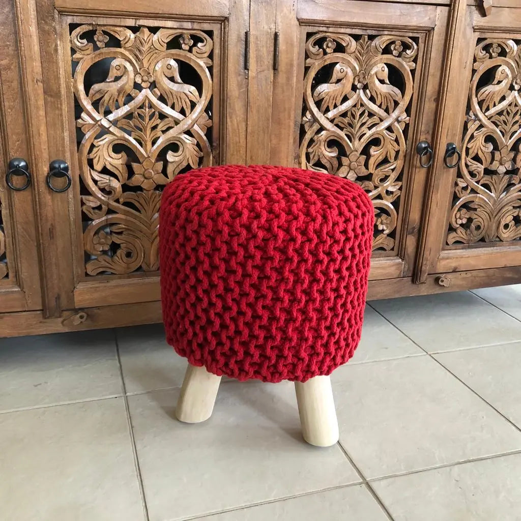 Avioni Home Luxury Collection – Hand Knotted Boho Look Stool / Ottoman (3 Legs-Natural Finish) – Red